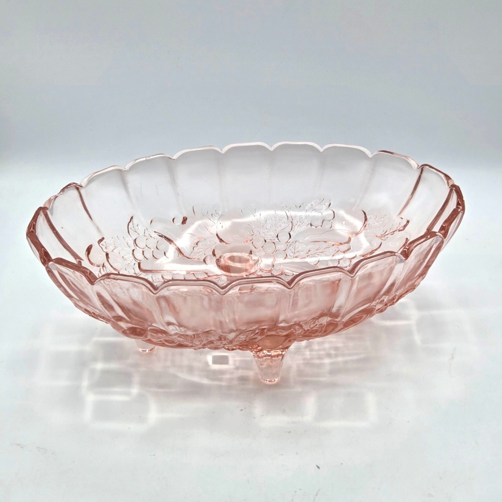 Indiana Glass Large Pink Footed Harvest Fruit Grapes Oval Ribbed Bowl 12"